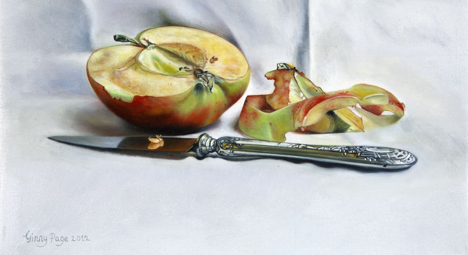 Jacky's Apple, 2012 – Still life oil painting on canvas, 38 x 25 cm – Stolen artwork, last seen 4 February 2012 at a vernissage in Denmark – Ginny Page